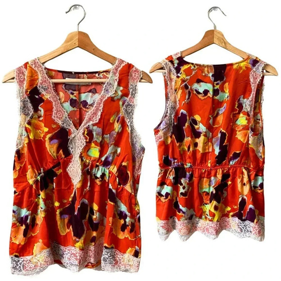 NWOT Rebecca Minkoff Women's Medium Sleeveless Floral Lace Trim Tank Top Orange - Picture 1 of 16